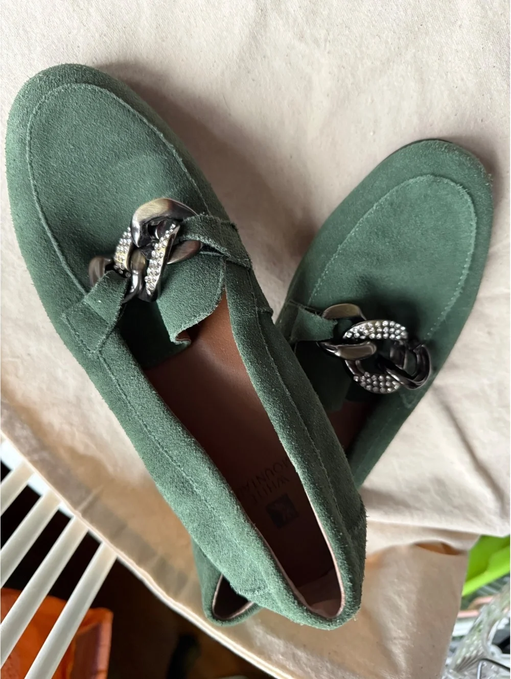 White Mountain Green Suede Loafers with Rhinestone Chain Detail, Size 7M